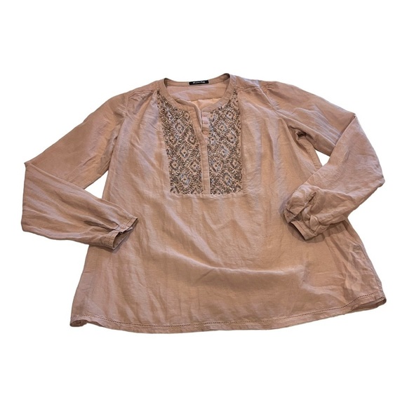 Massimo Dutti Silk Blend Taupe Beaded Split Neck Pullover Peasant Blouse XS - Picture 6 of 16